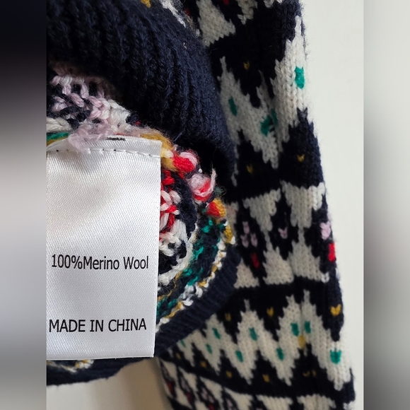 La Ligne Fair Isle Merino Wol Navy Blue Henley Crewneck Pullover Sweater M - Picture 6 of 6